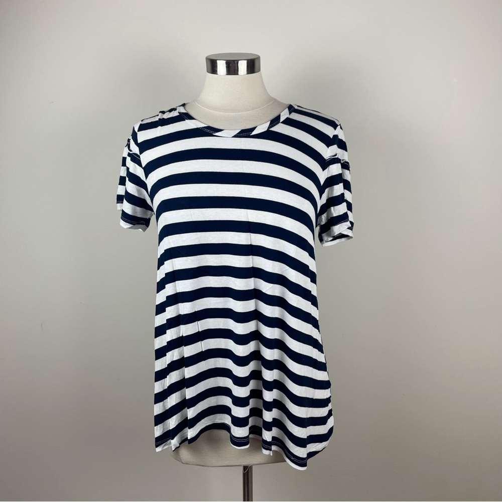 Hem & Thread Navy Blue White Stripe Short Sleeve Top Medium Stretch Casual